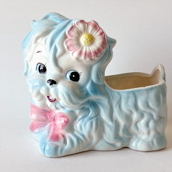 Vintage Rubens Originals Anthropomorphic Puppy Dog Planter w/ Pink Flower Rare - Picture 1 of 9